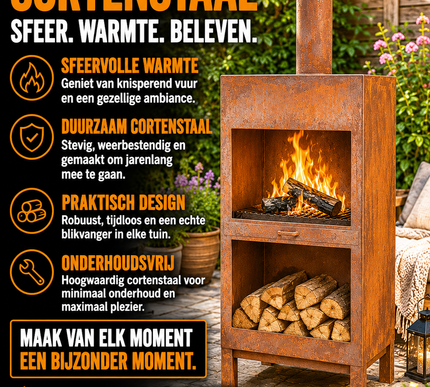 Terraskachel Meyerfire XL + Houtopslag Cortenstaal