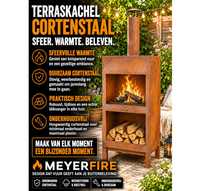 Terraskachel Meyerfire XL + Houtopslag Cortenstaal