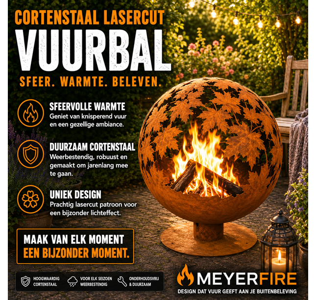 Cortenstaal Meyerfire lasercut vuurbal Ø58 blad design