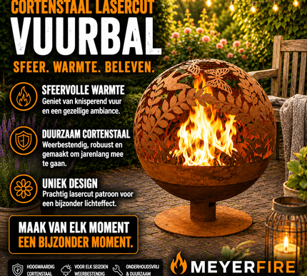 Cortenstaal Meyerfire lasercut vuurbal Ø58 vlinder design