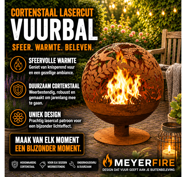 Cortenstaal Meyerfire lasercut vuurbal Ø58 vlinder design
