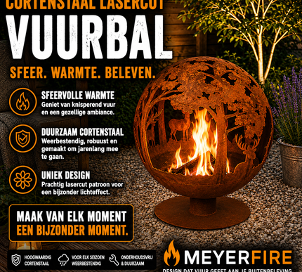 Cortenstaal Meyerfire lasercut vuurbal Ø58 hert design