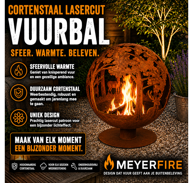 Cortenstaal Meyerfire lasercut vuurbal Ø58 hert design
