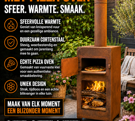 Terraskachel Meyerfire cortenstaal + Pizza oven inclusief pizzasteen en bbq rooster
