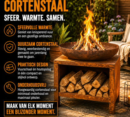 Brasero Soho en acier Corten avec rangement pour le bois