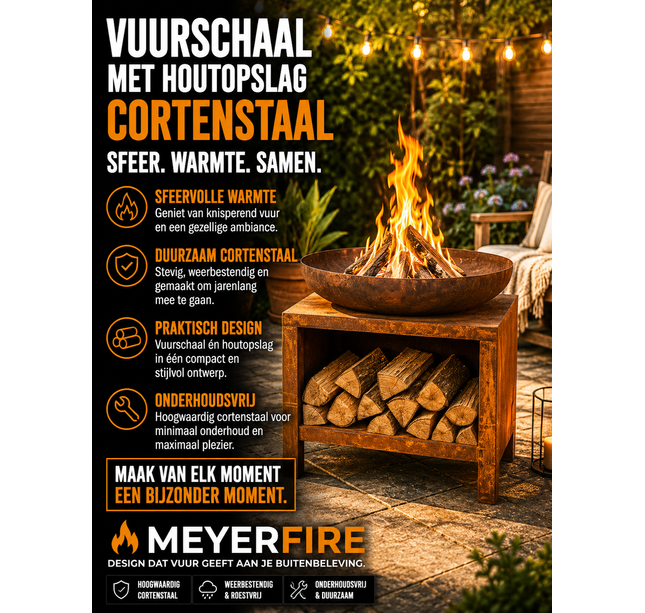 Vuurschaal Meyerfire cortenstaal met houtopslag