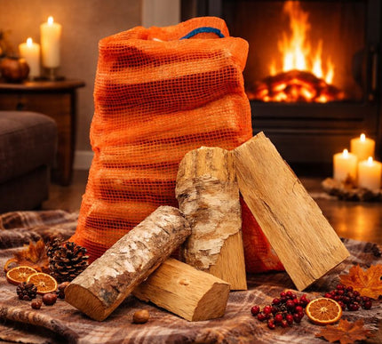 Afhaalproduct of meegeleverd product bij aankoop van pallet brandhout of pallet houtbriketten of pallet houtpellets Berk ovengedroogd Brandhout in netzak 40L