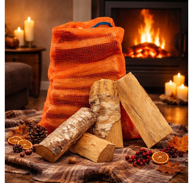 Afhaalproduct of meegeleverd product bij aankoop van pallet brandhout of pallet houtbriketten of pallet houtpellets Berk ovengedroogd Brandhout in netzak 40L