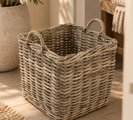 Houtmand rotan vierkant groot met teak bodem
