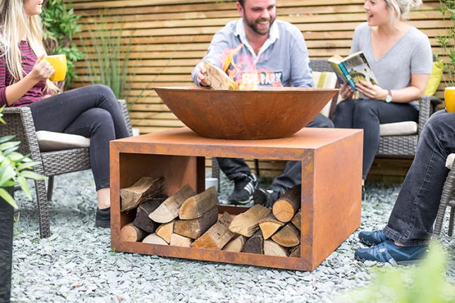 Vuurschaal Soho cortenstaal met houtopslag