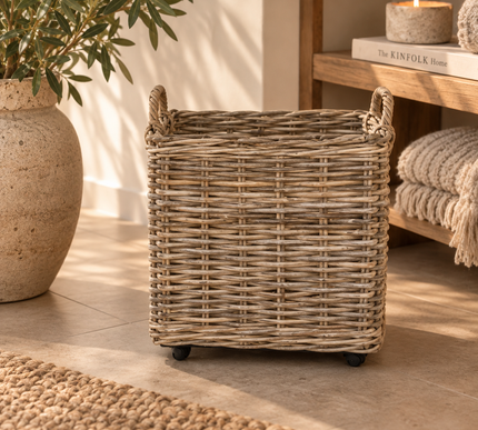 Houtmand rotan vierkant klein met teak bodem