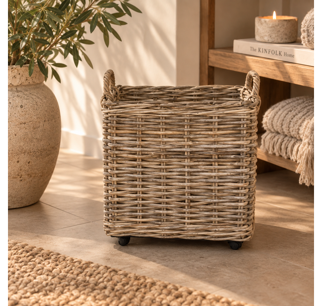 Houtmand rotan vierkant klein met teak bodem