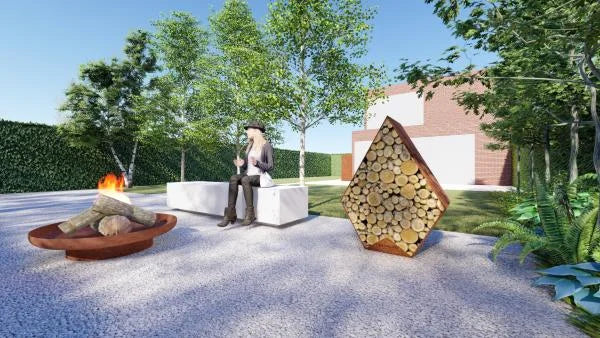 Flam cortenstaal houtopslag